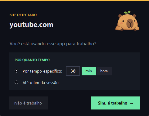 Aviso aparecendo ao abrir um app de distração durante a sessão